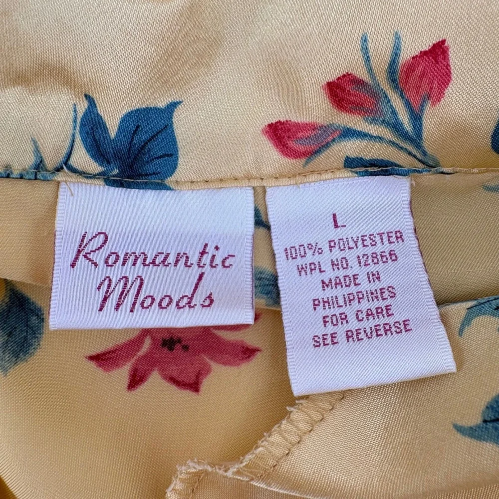 Romantic Moods Yellow Floral‎ Satin Sleep Shirt Button Front Nightgown Large